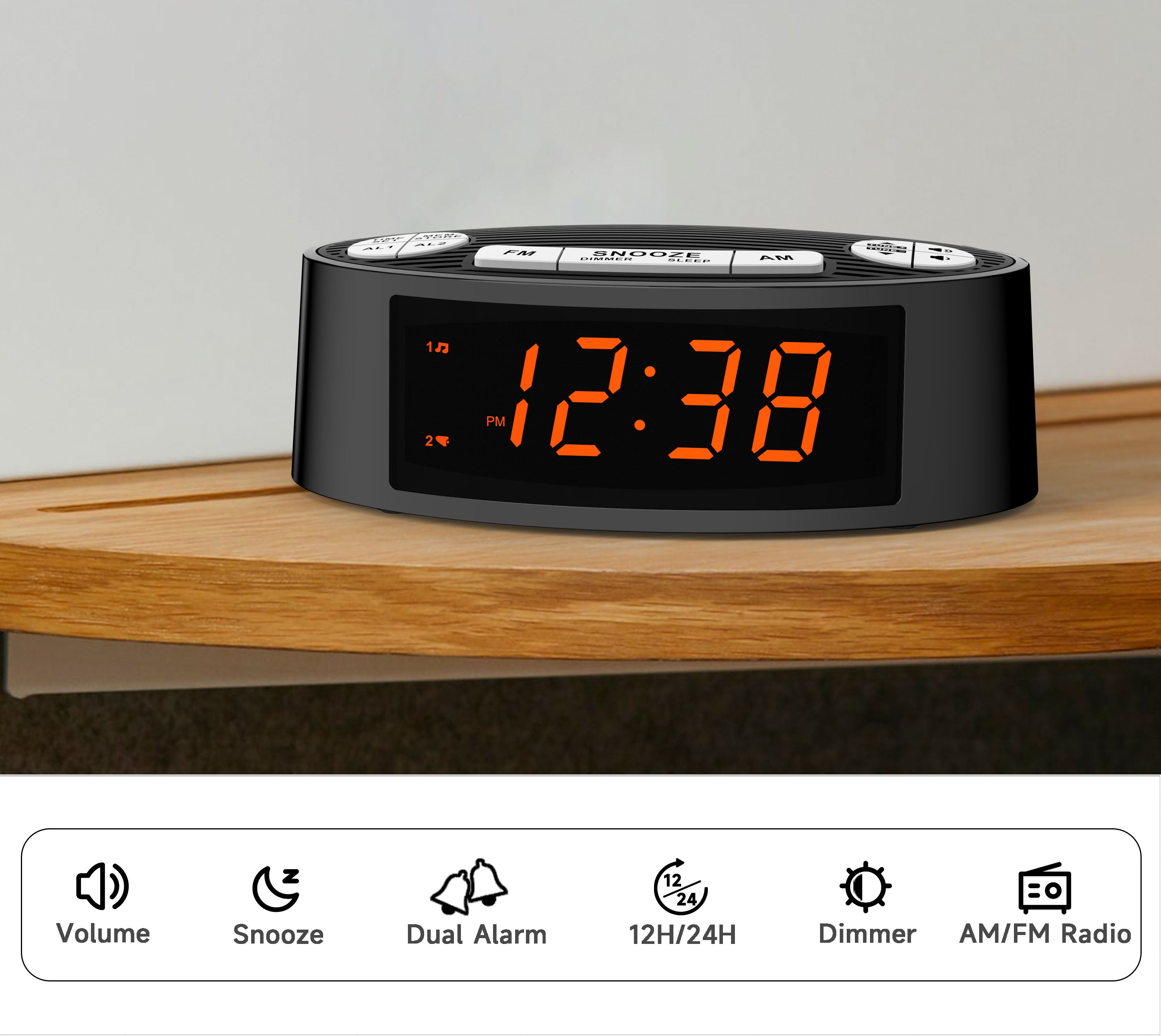 Digital iTOMA AM/FM Alarm Clock Radio with Dual Alarm, Sleep Timer & Snooze Functions, Orange LED Display, 4-Level Dimming Option 3301