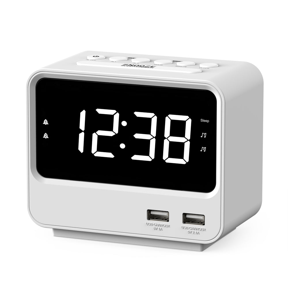 Alarm Clock Radio for Bedrooms with Two USB Charging Port, Large Numbers with adjustable Brightness, Bedside Digital FM Radio with Sleep Timer, Adjustable Volume, Snooze for White Led Digital Clock iTOMA A23