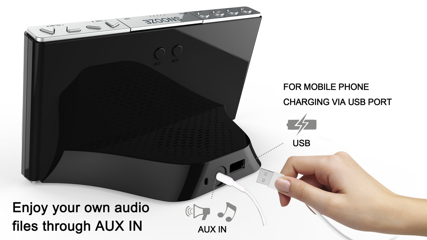 iTOMA Radiowecker, FM-Radio mit weißem Rauschen, Doppelalarm mit Schlummerfunktion, Handy-Aufladung, Dimmersteuerung, Einschlaf-Radio-Timer, AUX-Eingang, Backup-Batterie iTOMA 703