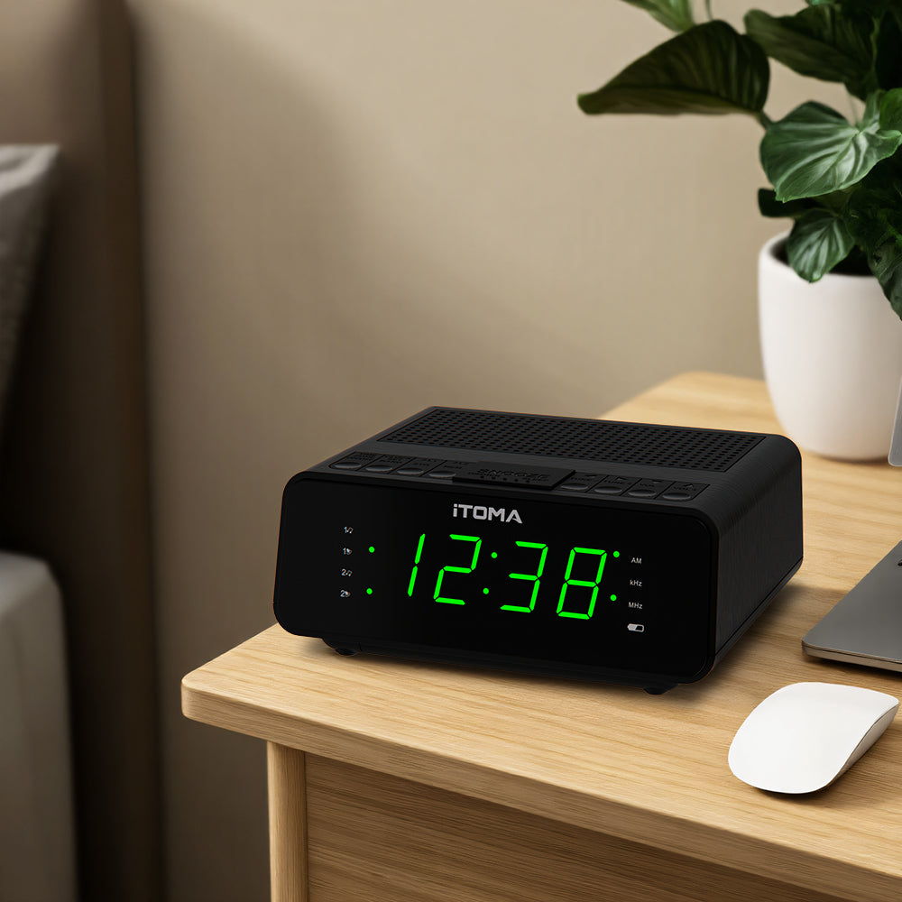 Digital iTOMA Alarm Clock with AM/FM Radio, 4-Level Dimmer, Snooze, Dual Alarms, Sleep Timer and Easy to Read 0.9" LED Jade Green Display 2100