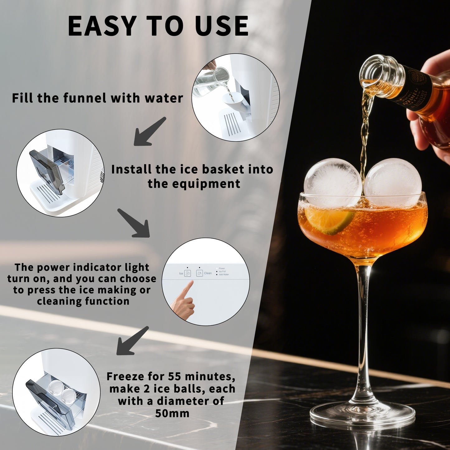 Artisanal Sphere Ice Maker – 4.6kg Daily Output, 50-Min Fast Ice, Smart Sensors, One-Touch Clean, Compact & Quiet for Home/Bar Use