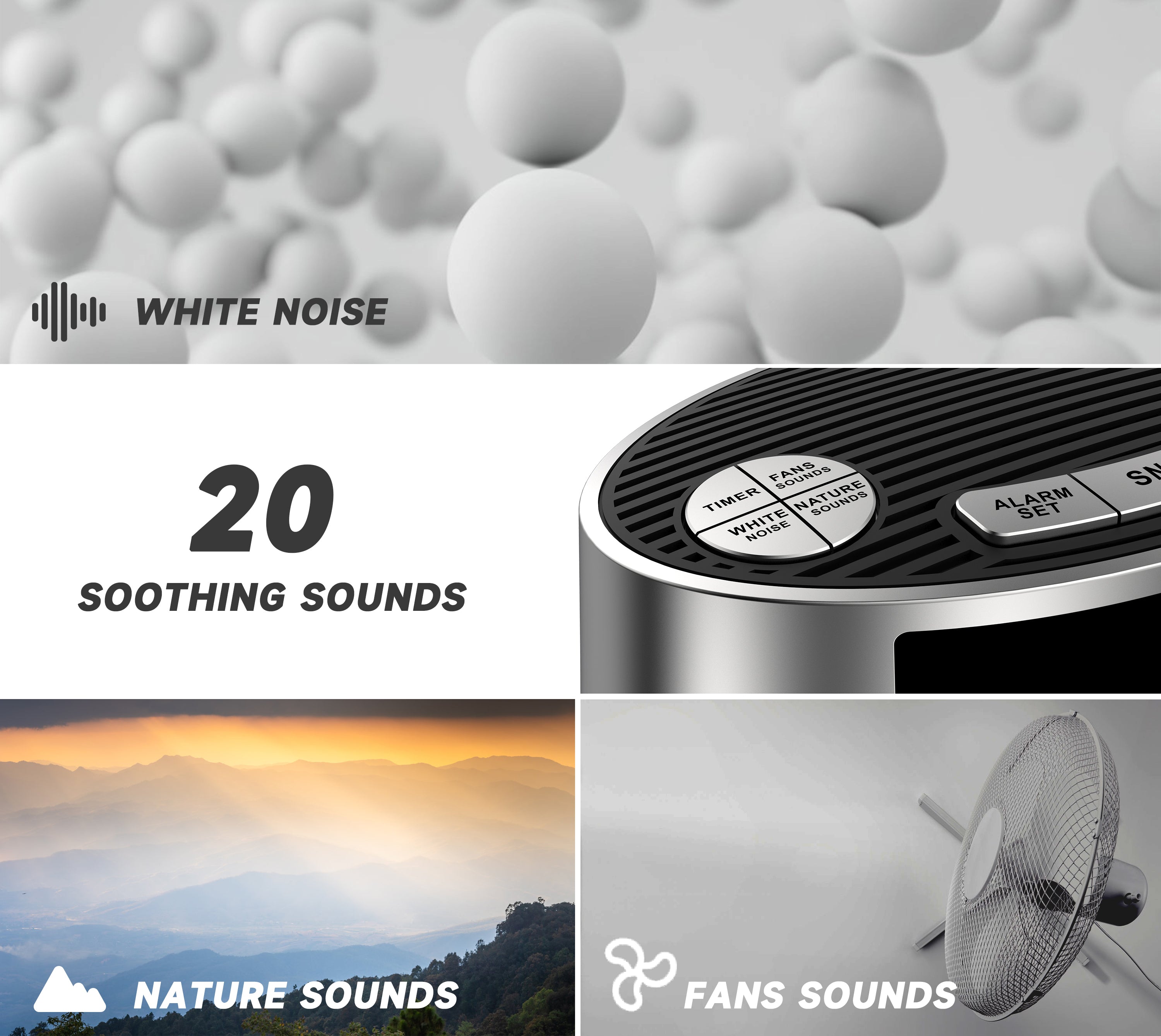 White Noise Machine with Alarm Clock, 20 Soothing Sounds, Wake to Vibration or Buzzer, Snooze, Dimmer Control, Timer and Memory Function for Home Travel iTOMA 301