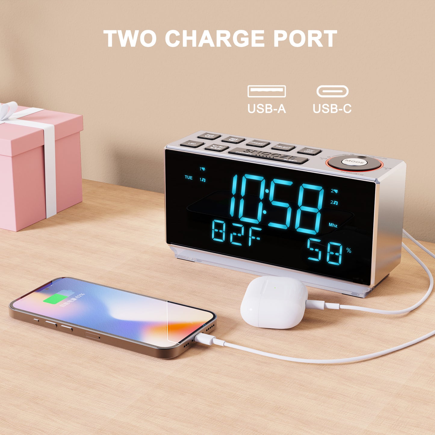 DAB+&FM Radio, Clock Radio with Bluetooth, 40 Presets, Earphone, Dual Alarm with Snooze and Sleep Timer, Two Charging Port, Dimmable, Temperature & Humidity, LED Display Alarm Clock for Bedroom iTOMA 508D