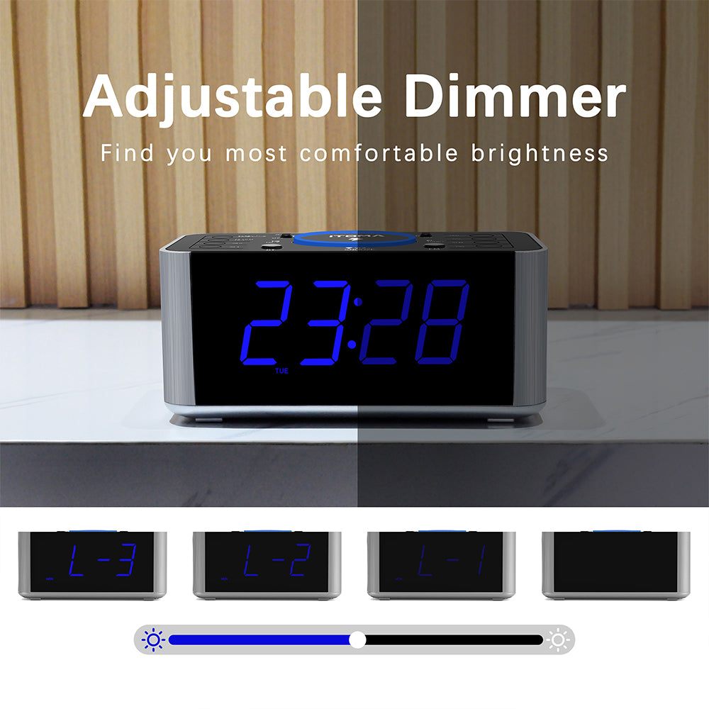 Wireless Charging Alarm Clock with DAB & FM Radio, 40 Preset Stations, Dual Alarms, Snooze, Dimmable LCD Display, Bluetooth, USB Charging and Earphone Jack, Bedside Alarm Radio iTOMA 206