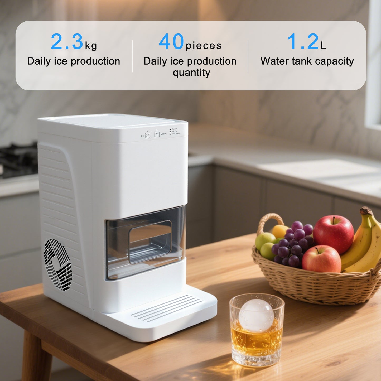 Artisanal Sphere Ice Maker – 4.6kg Daily Output, 50-Min Fast Ice, Smart Sensors, One-Touch Clean, Compact & Quiet for Home/Bar Use