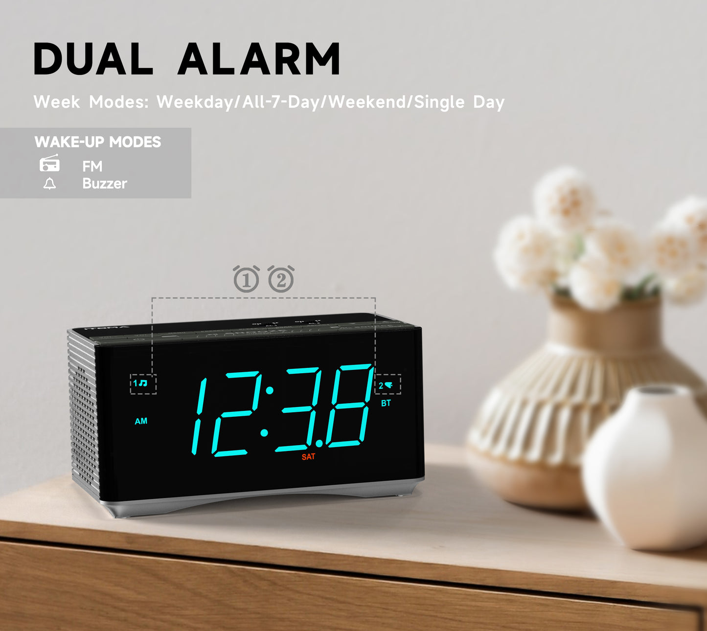 Digital Alarm Clock Radio-Bluetooth Stereo Speakers,FM Radio,Dual Alarm,Snooze,Brightness Dimmer,USB Charging, Alarm Clock for Bedroom Office iTOMA 3501S