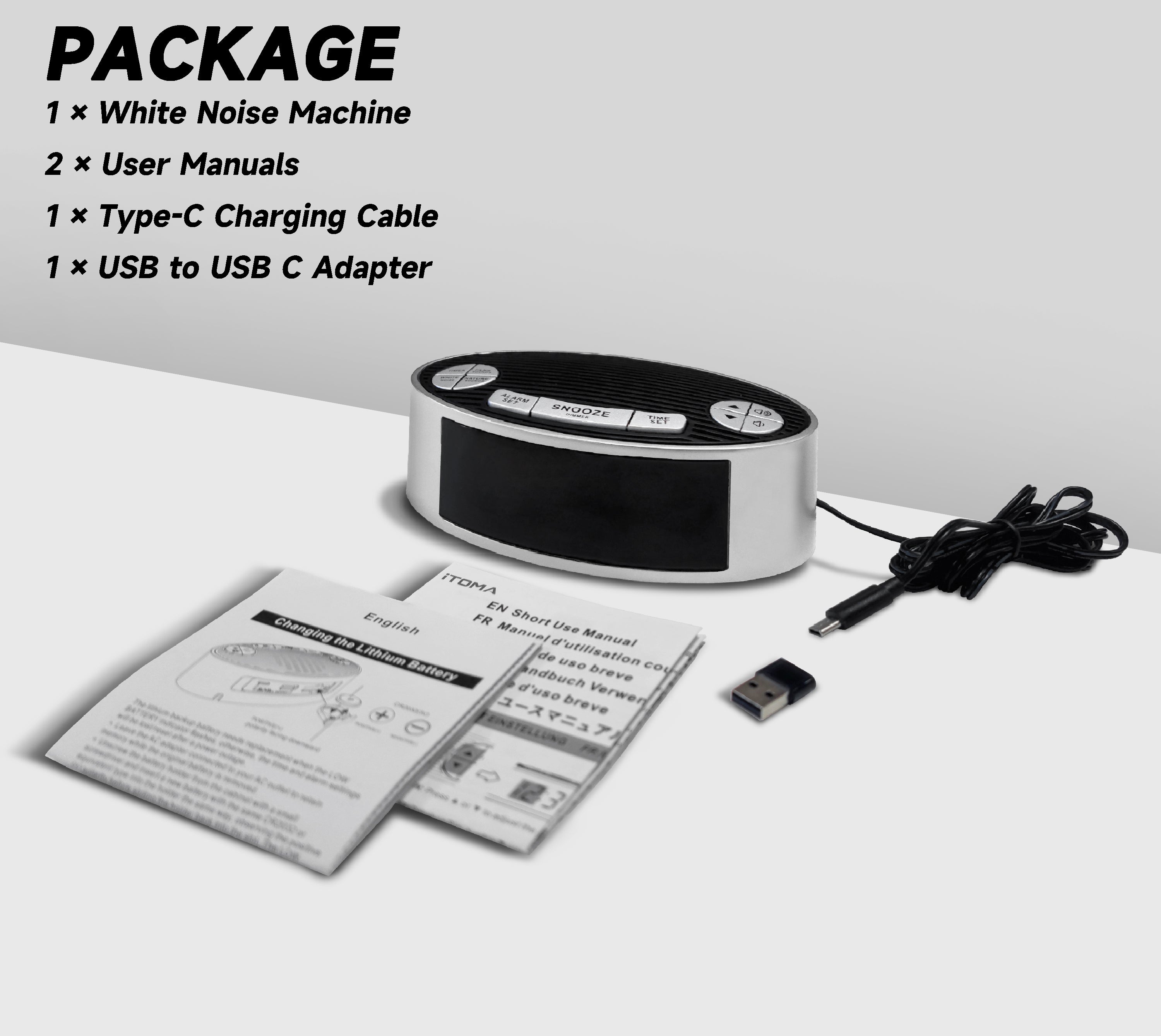 White Noise Machine with Alarm Clock, 20 Soothing Sounds, Wake to Vibration or Buzzer, Snooze, Dimmer Control, Timer and Memory Function for Home Travel iTOMA 301