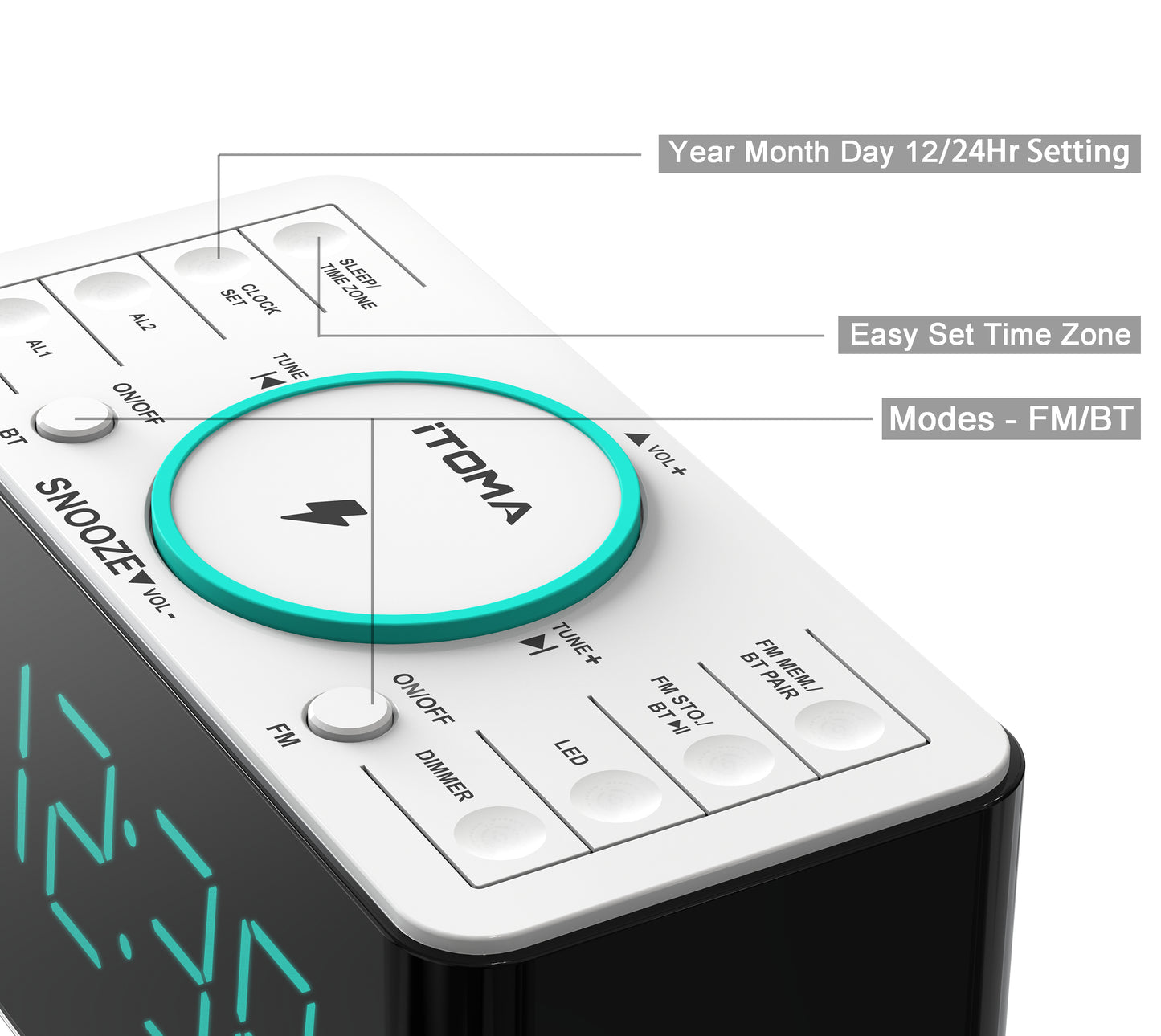 Alarm Clock Radio, 15 W Ultra Fast Wireless Phone Charger with wireless conncetion, USB Charging Port, Dual Alarm, Sleep Timer, Snooze, Dimmer, FM Radio,Cyan LED Night Light &1.4" Display iTOMA 207