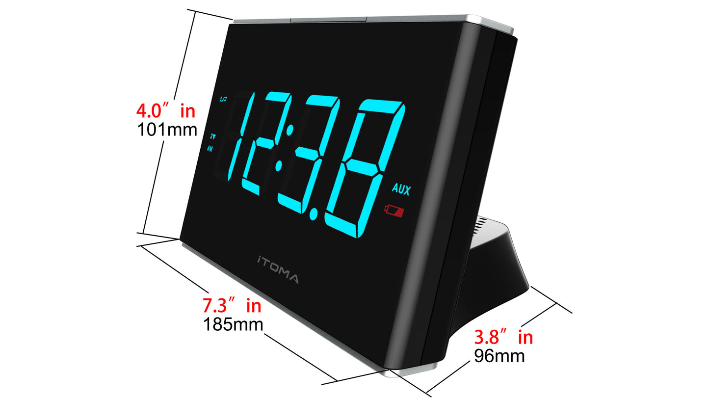 iTOMA Radiowecker, FM-Radio mit weißem Rauschen, Doppelalarm mit Schlummerfunktion, Handy-Aufladung, Dimmersteuerung, Einschlaf-Radio-Timer, AUX-Eingang, Backup-Batterie iTOMA 703