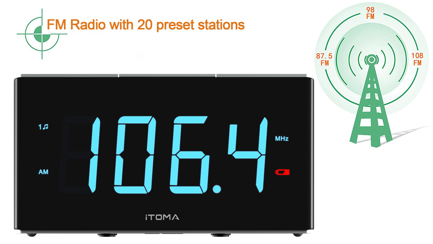 iTOMA Radiowecker, FM-Radio mit weißem Rauschen, Doppelalarm mit Schlummerfunktion, Handy-Aufladung, Dimmersteuerung, Einschlaf-Radio-Timer, AUX-Eingang, Backup-Batterie iTOMA 703