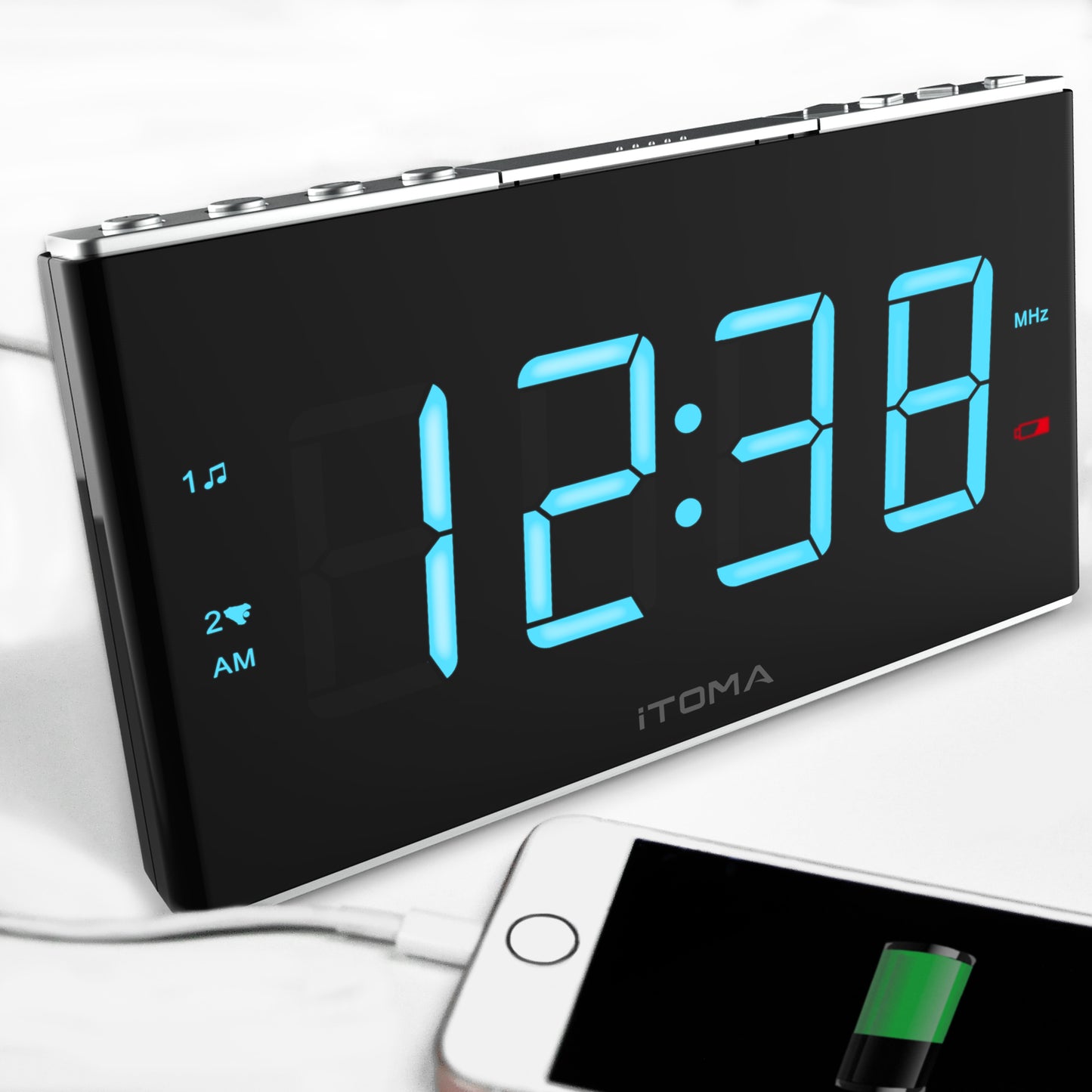 iTOMA Radiowecker, FM-Radio mit weißem Rauschen, Doppelalarm mit Schlummerfunktion, Handy-Aufladung, Dimmersteuerung, Einschlaf-Radio-Timer, AUX-Eingang, Backup-Batterie iTOMA 703