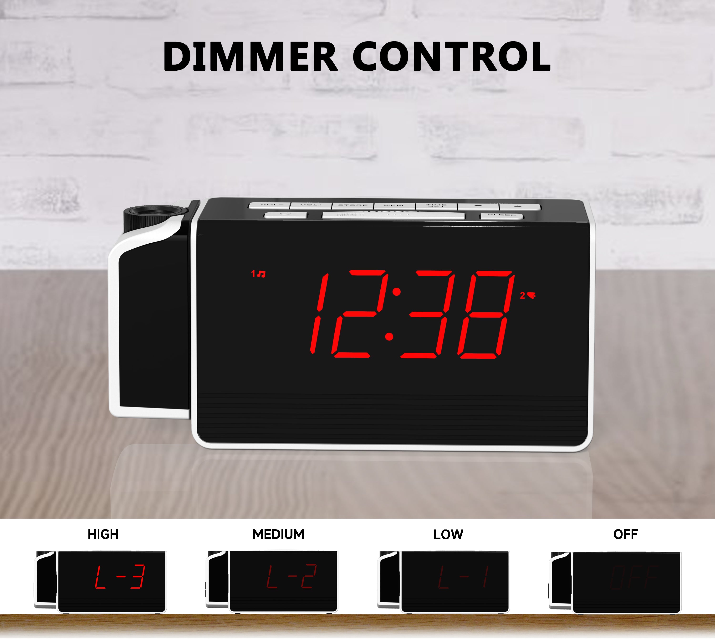 Digital iTOMA Projection Alarm Clock for Bedroom with 180° Rotatable Projector, FM Radio, Red LED Display, 4-Level Brightness Dimmer, Dual Alarm, Snooze,12/24H 512