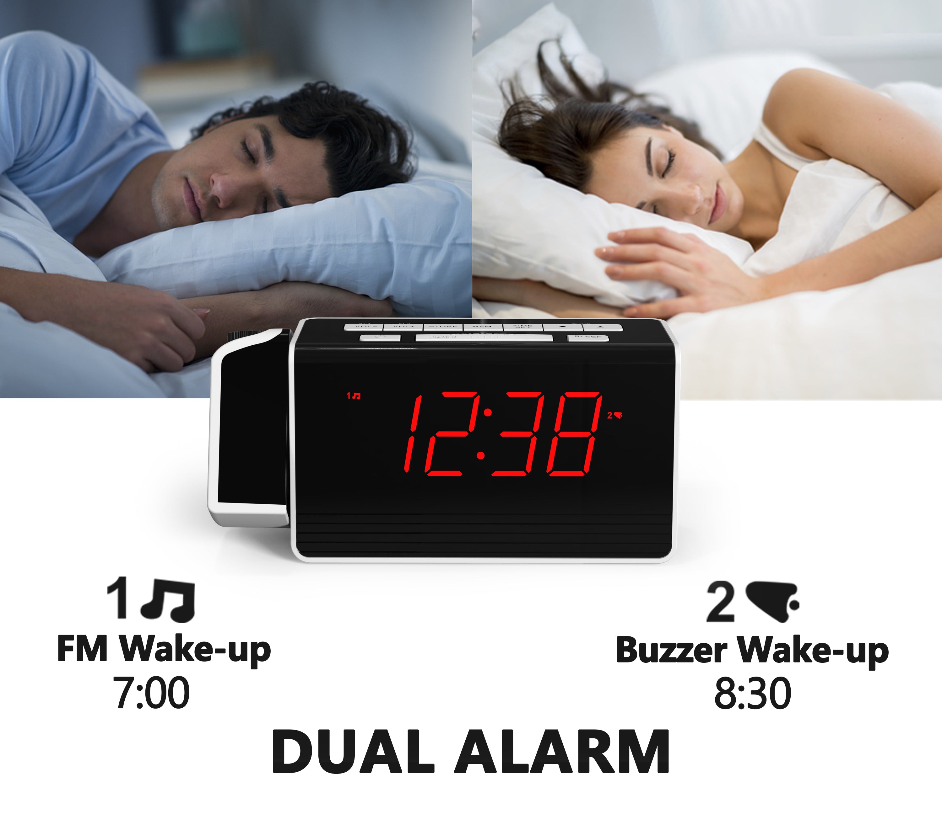 Digital iTOMA Projection Alarm Clock for Bedroom with 180° Rotatable Projector, FM Radio, Red LED Display, 4-Level Brightness Dimmer, Dual Alarm, Snooze,12/24H 512