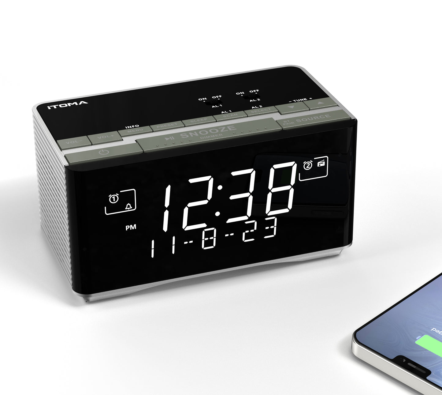 FM & DAB Radio Alarm Clock with USB Charging Port, Bluetooth Stereo Speaker, Headphone Jack, Dual Alarm, Snooze, Dimmable LCD Display iTOMA 3501