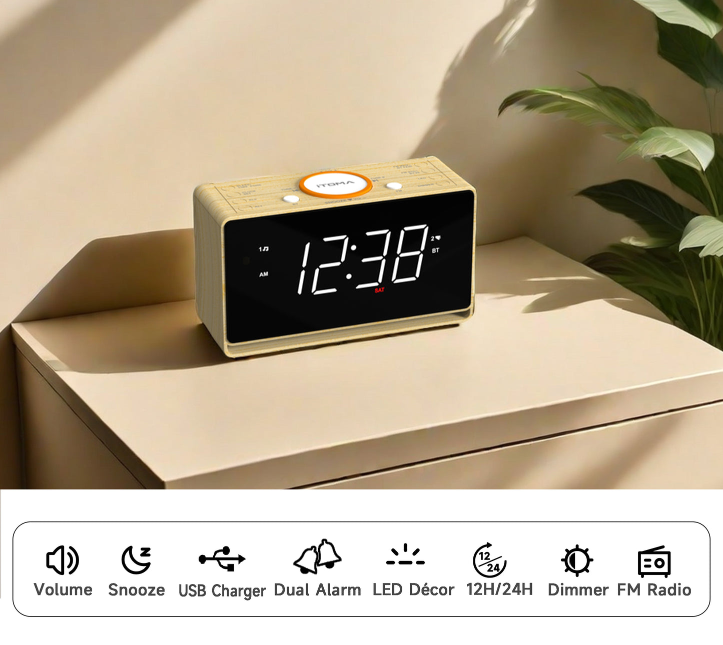 Alarm Clock Radio, 1.4" White LED Display Clock with Bluetooth, FM Radio, Dual Alarm, Sleep Timer, Snooze, Auto & Manual Dimmer, USB Charger and Night Light iTOMA 718