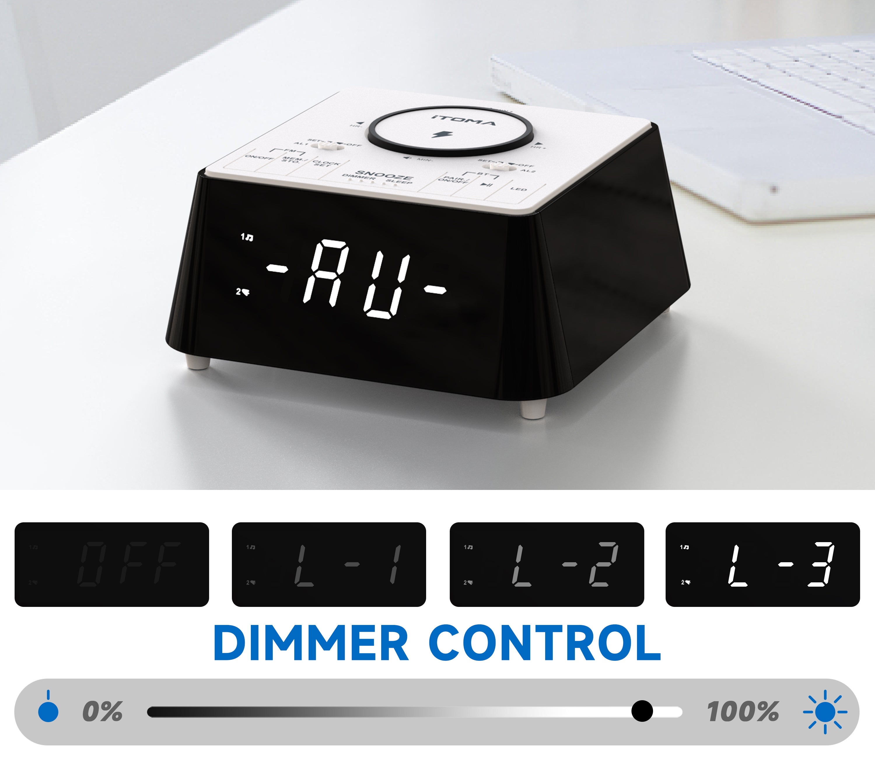 Bedside Wireless Charging Alarm Clock Radio with Bluetooth Speaker,FM Radio, Dual Alarm with Snooze, USB Charging, Night Light and Dimmable Display iTOMA 205