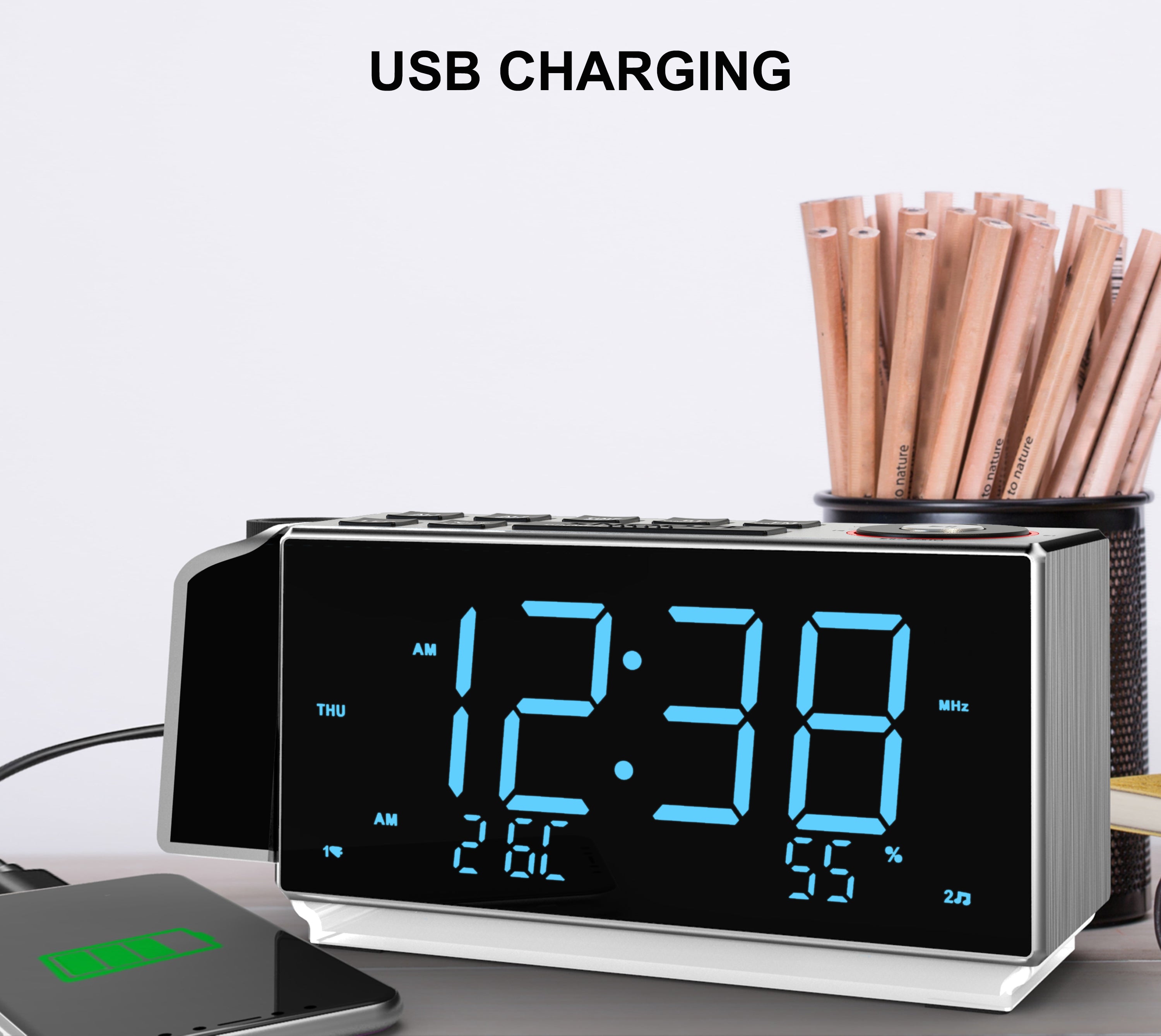 Digital Projection Alarm Clock with FM Radio, USB Charging, 1.8'' LED Display, Night Light, Dual Alarm, Snooze, Dimmer Control, Bedside Clock Radio iTOMA 509