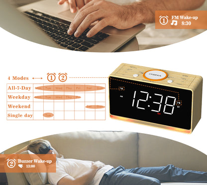 Alarm Clock Radio, 1.4" White LED Display Clock with Bluetooth, FM Radio, Dual Alarm, Sleep Timer, Snooze, Auto & Manual Dimmer, USB Charger and Night Light iTOMA 718