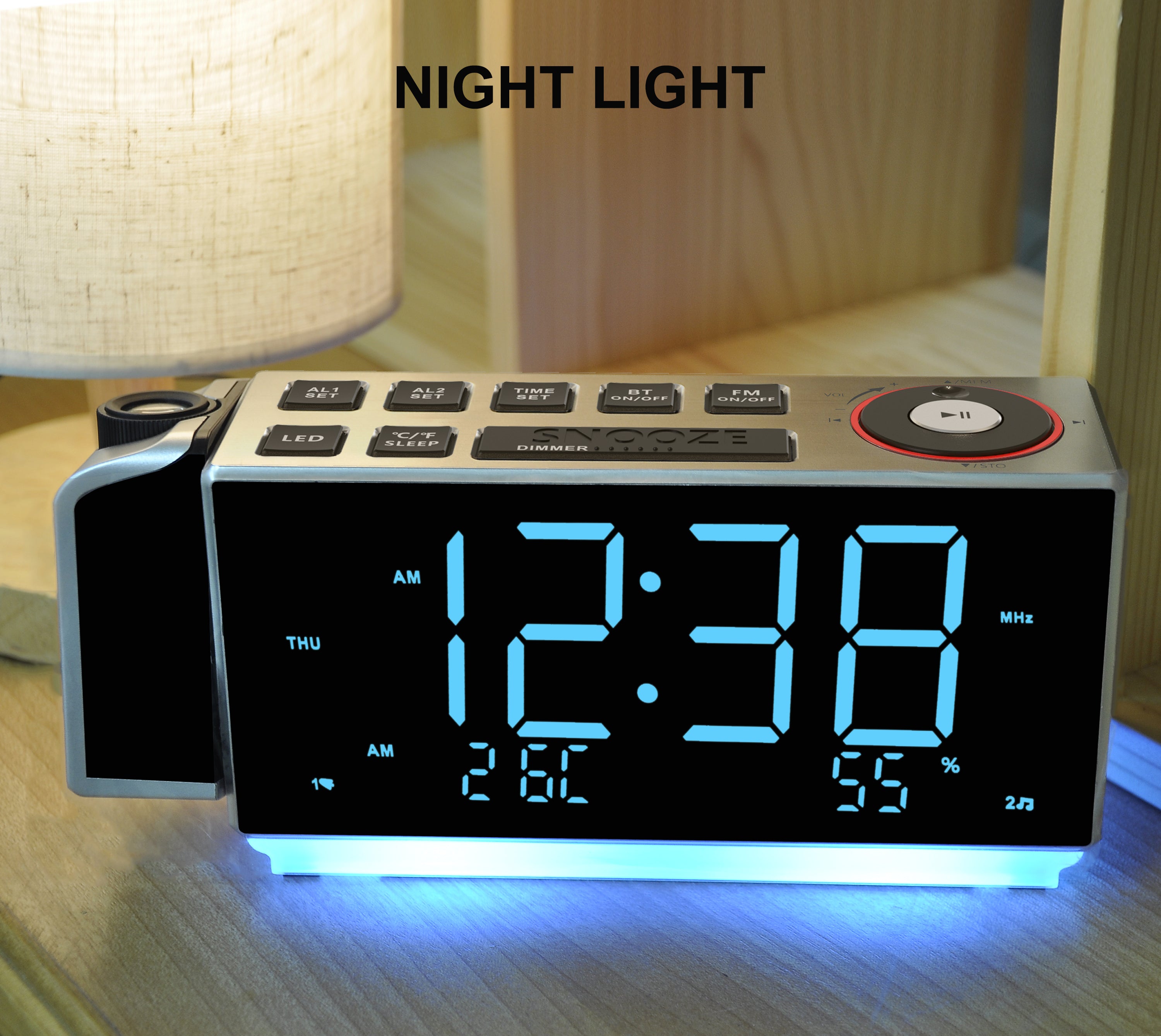 Digital Projection Alarm Clock with FM Radio, USB Charging, 1.8'' LED Display, Night Light, Dual Alarm, Snooze, Dimmer Control, Bedside Clock Radio iTOMA 509