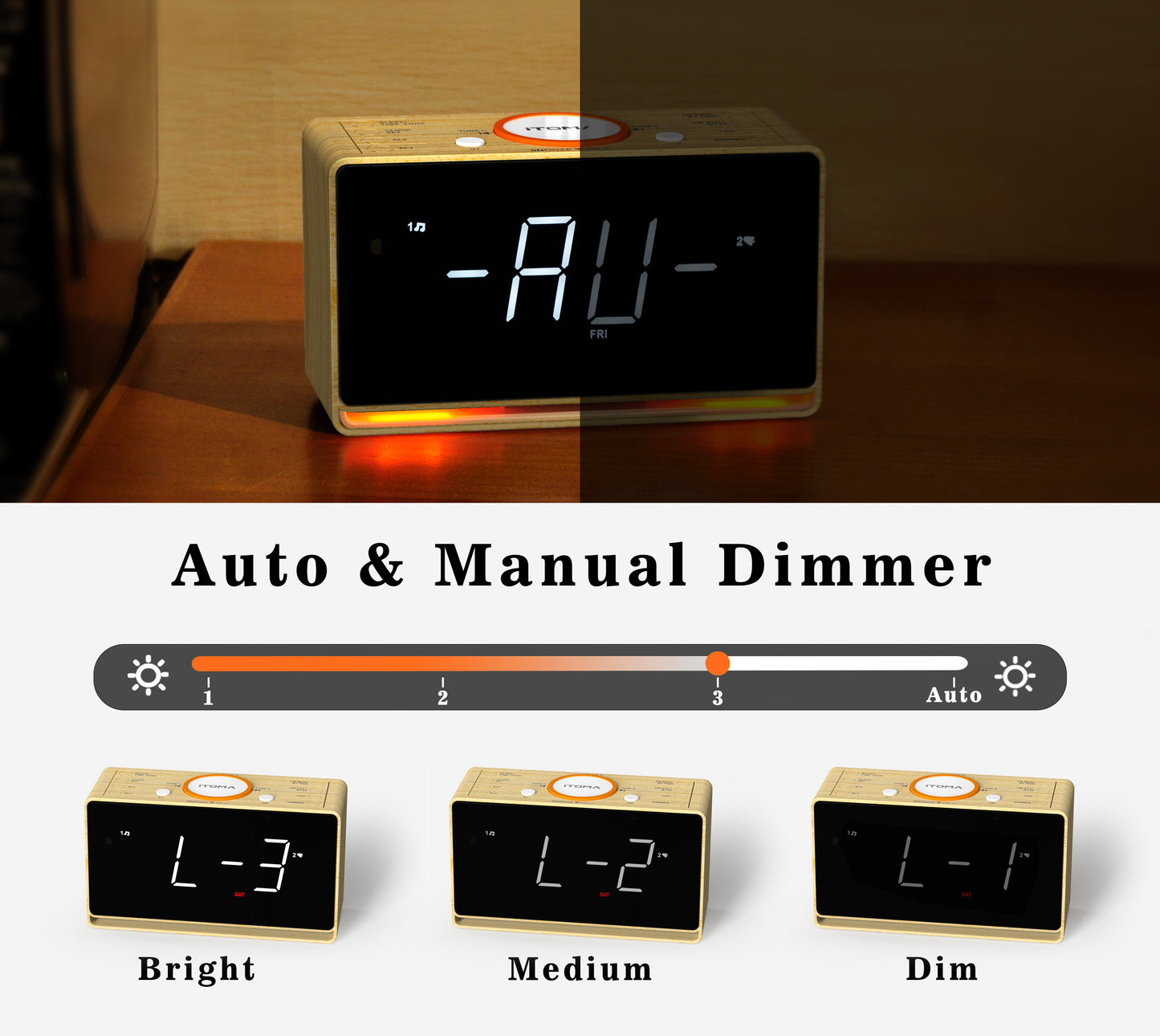 Alarm Clock Radio, 1.4" White LED Display Clock with Bluetooth, FM Radio, Dual Alarm, Sleep Timer, Snooze, Auto & Manual Dimmer, USB Charger and Night Light iTOMA 718