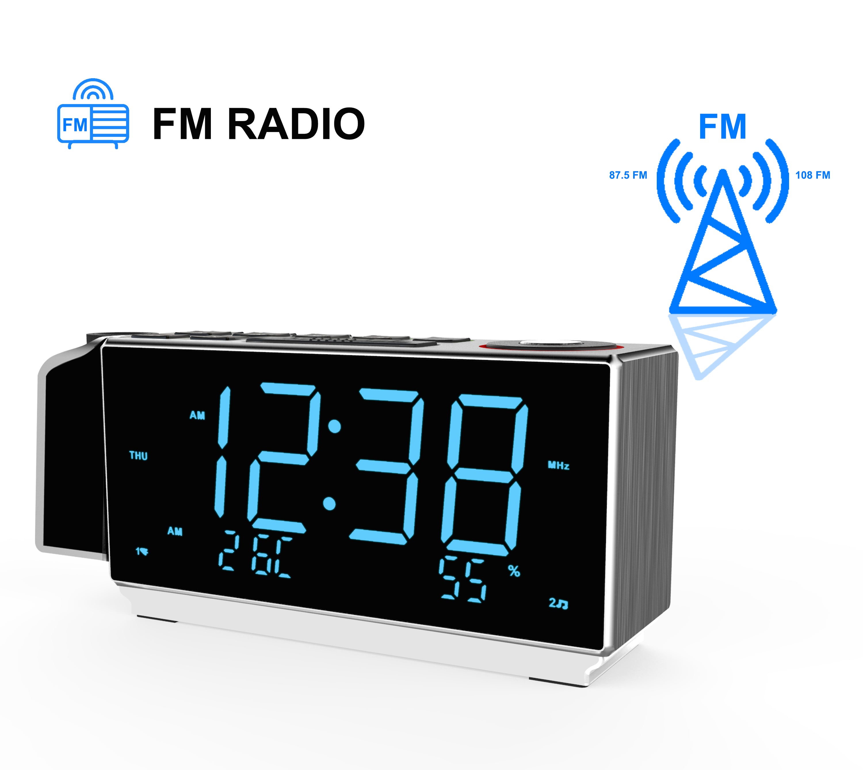 Digital Projection Alarm Clock with FM Radio, USB Charging, 1.8'' LED Display, Night Light, Dual Alarm, Snooze, Dimmer Control, Bedside Clock Radio iTOMA 509