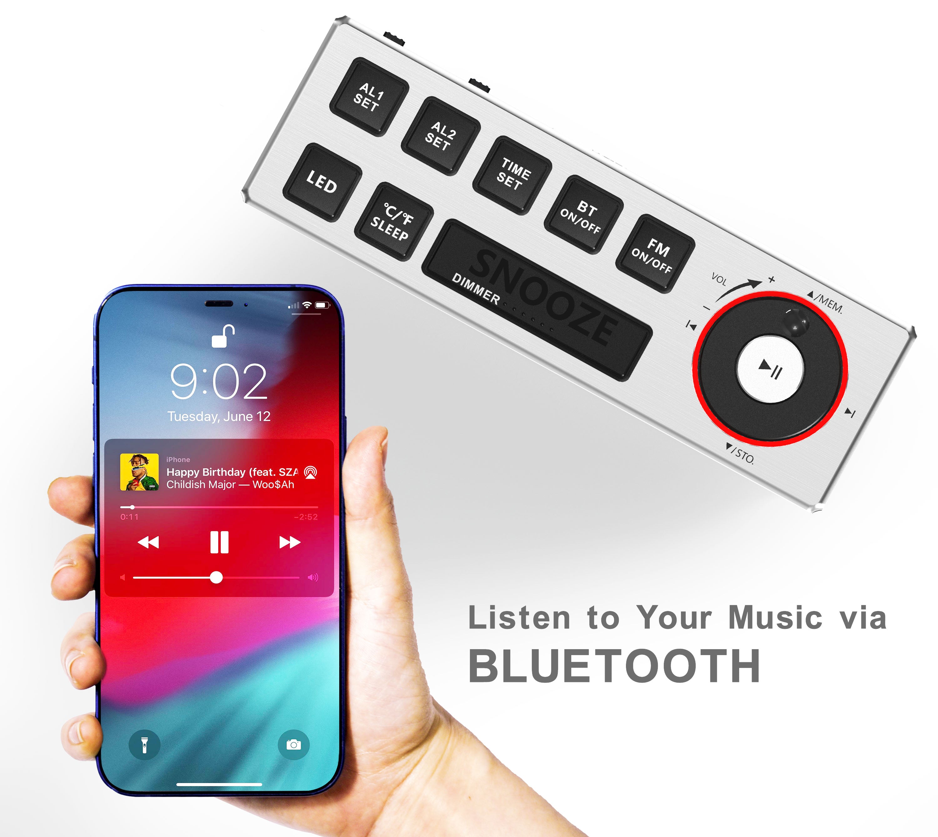Dual Alarm Clock with FM Radio, USB Charging, 1.8'' LED Display, Night Light, Snooze, Dimmer Control, Bluetooth Speaker, Temperature & Humidity Display iTOMA 508