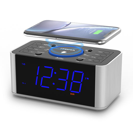 Alarm Clock Radio with 5W Wireless Charging, Snooze,Bluetooth, Dual Alarm, 1.4'' LED Display, Dimmer, USB Charging Clock for Bedside iTOMA 206S