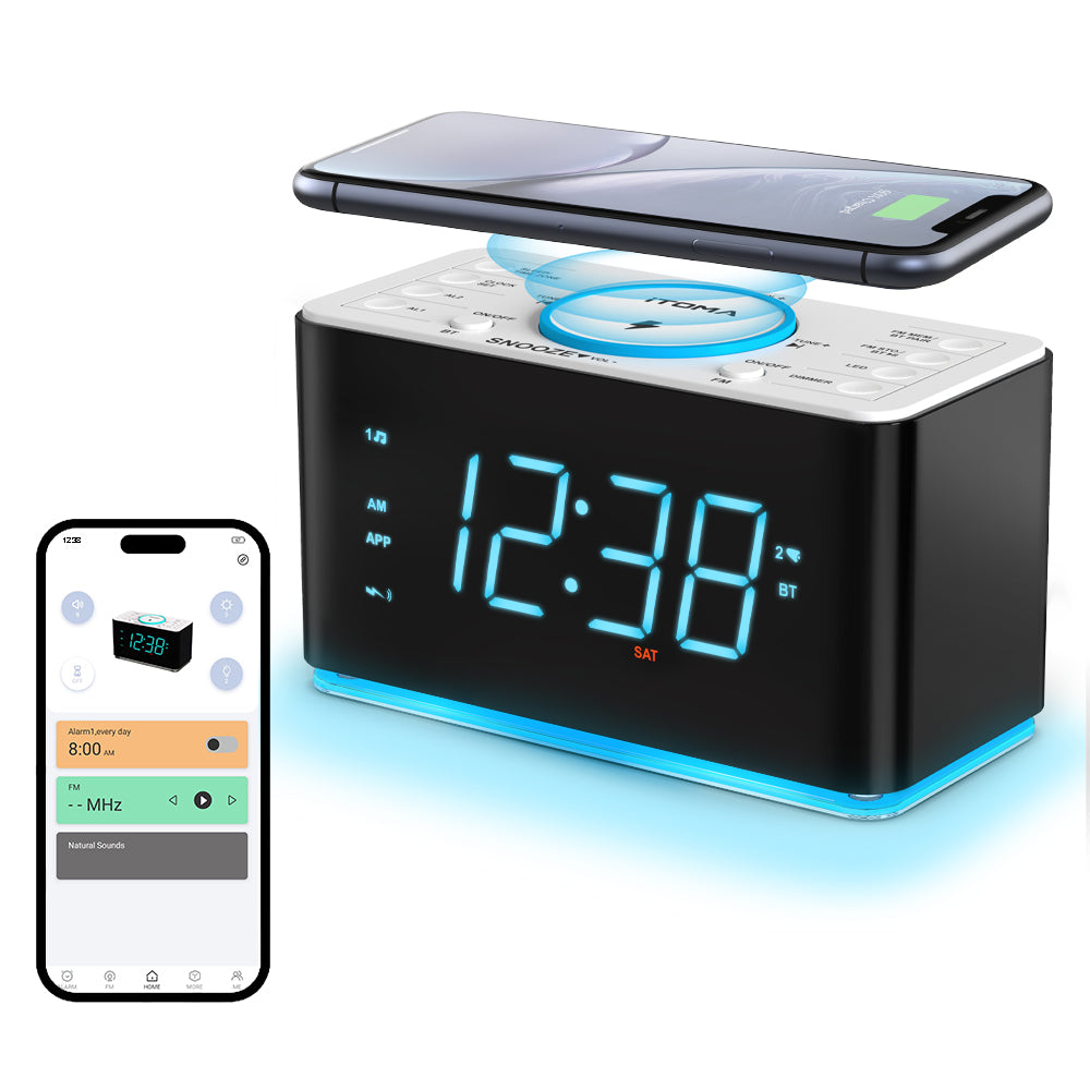 Alarm Clock Radio with 15W Wireless Charger, APP Control, FM Radio, Bluetooth, Two Charging Ports, Dual Alarm, Sleep Timer, Snooze, Auto-Manual Dimmer, Night Light &1.4" Ice Blue LED Display Clock Radio for Bedroom iTOMA 207A