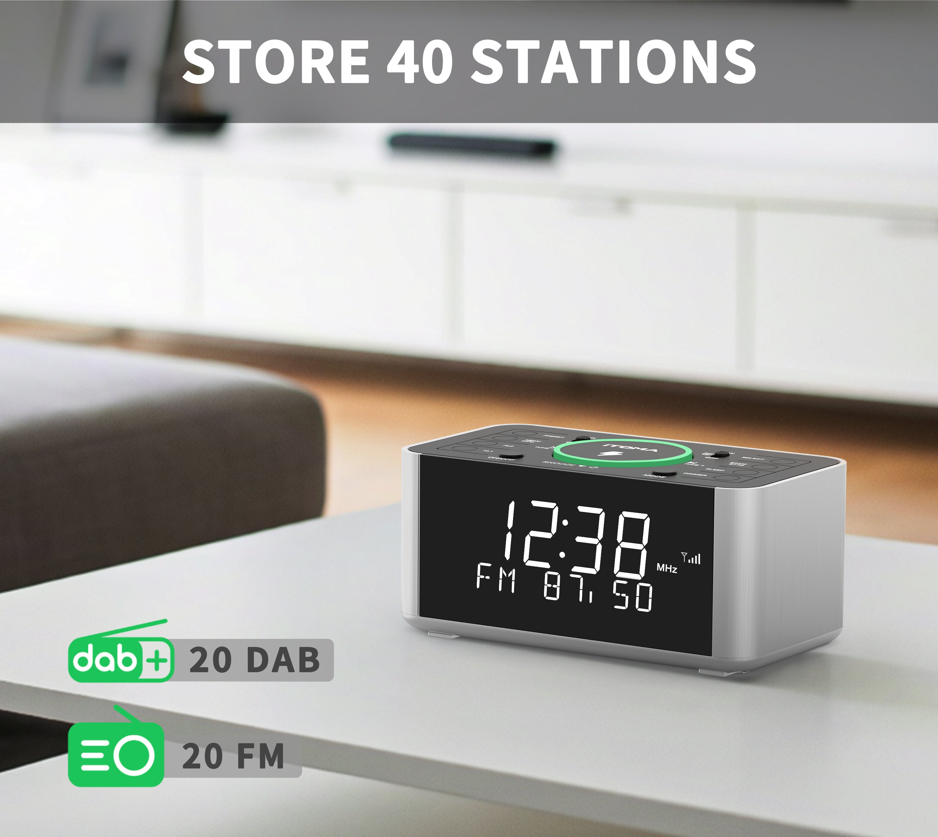 Sveglia ITOMA Con Ricarica Wireless DAB+ FM – Doppio Allarme E Display Regolabile