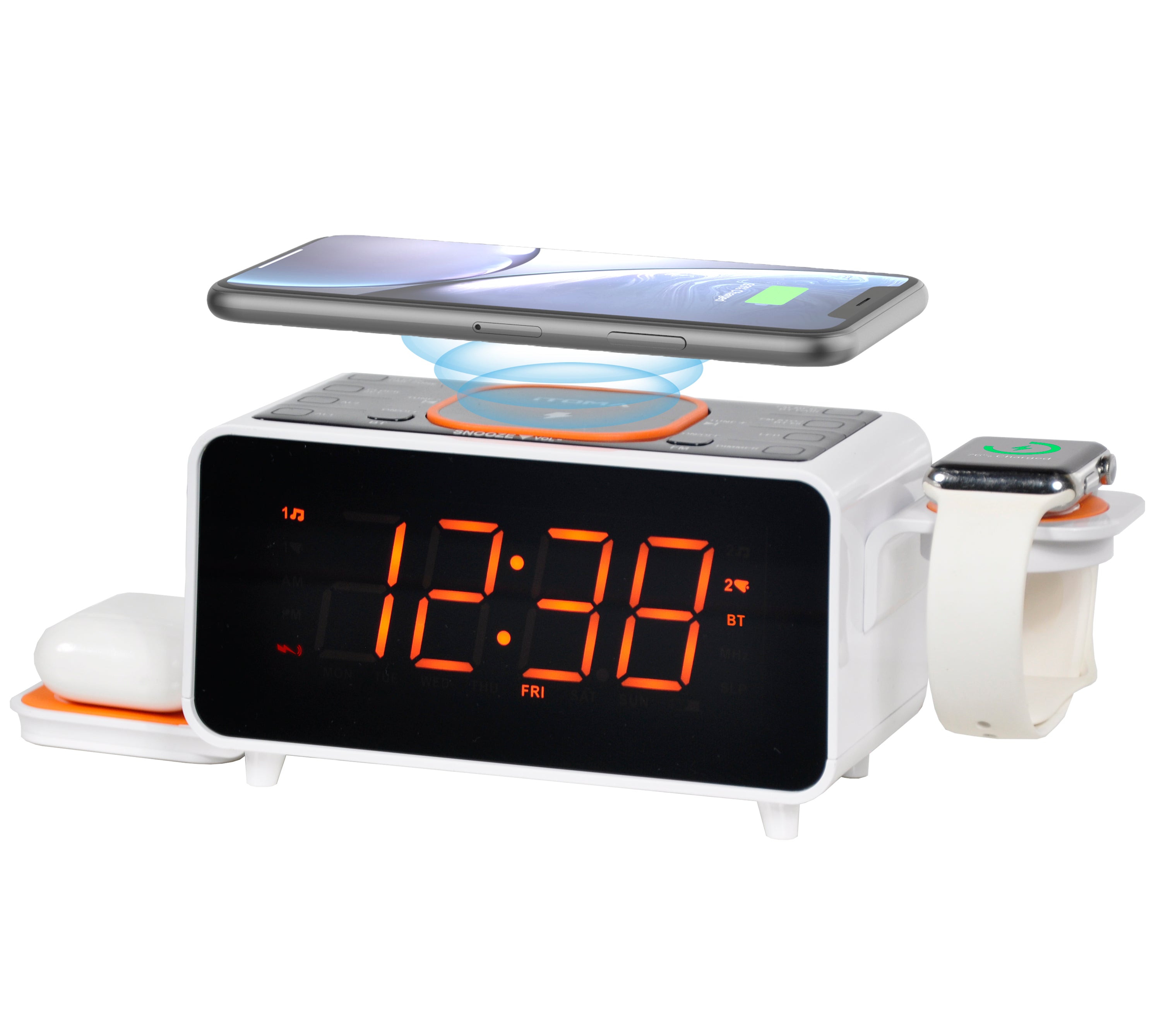 Bedside App Control Dual Wireless Charging Alarm Clock Radio with Bluetooth Speaker, FM Radio, Two USB Port, Dual Alarm, Snooze, Night Light, Auto & Manual Dimmer Control and 1.4" Orange Display iTOMA 209
