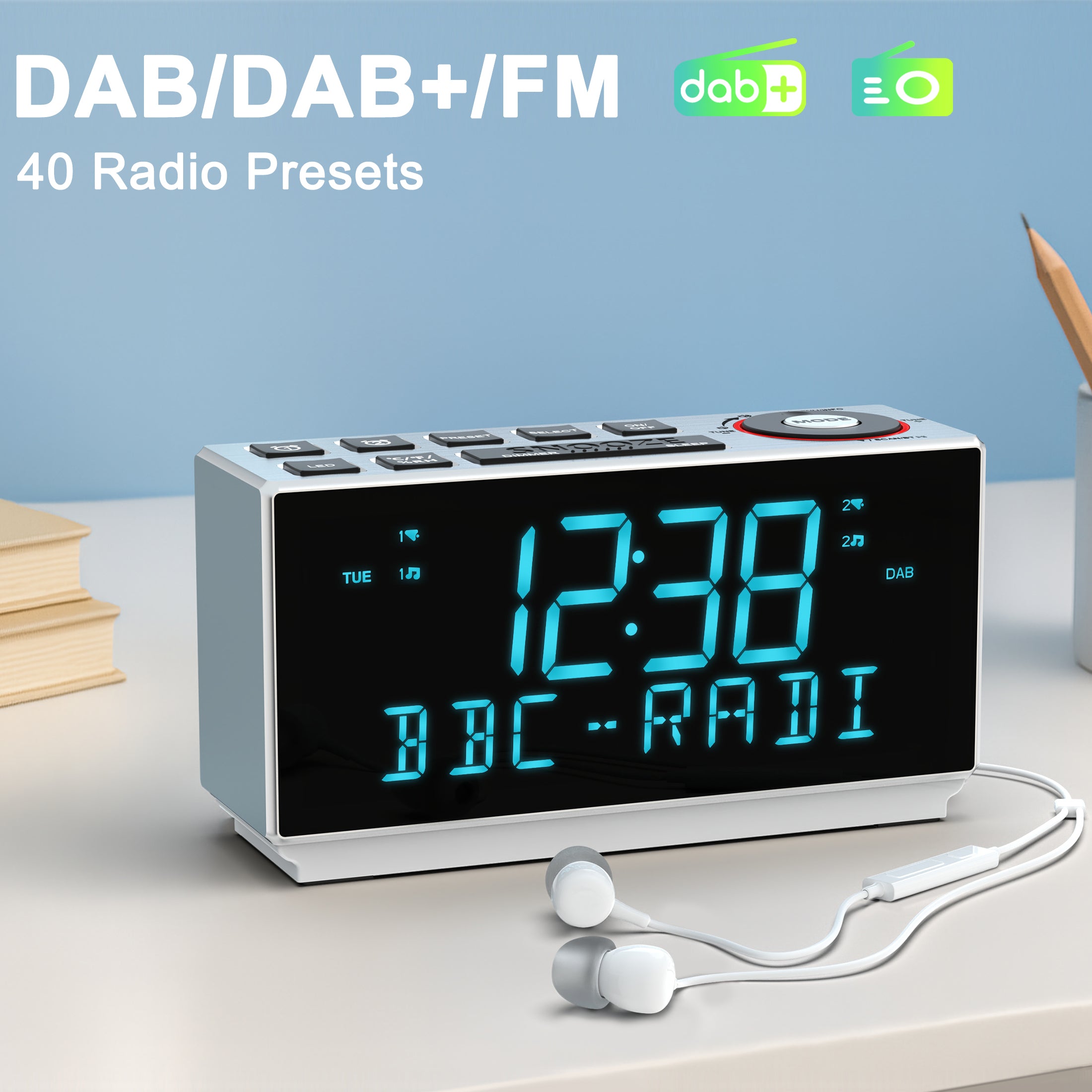 DAB+＆FM Radio, Clock Radio with Bluetooth, 40 Presets, Earphone, Dual Alarm with Snooze and Sleep Timer, Two Charging Port, Dimmable, Temperature & Humidity, LED Display Alarm Clock for Bedroom iTOMA 508D