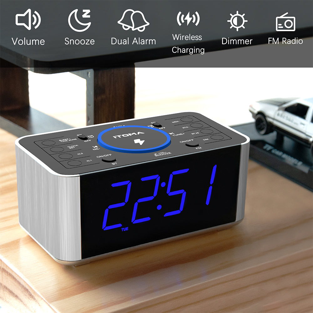 Alarm Clock Radio with 5W Wireless Charging, Snooze,Bluetooth, Dual Alarm, 1.4'' LED Display, Dimmer, USB Charging Clock for Bedside iTOMA 206S