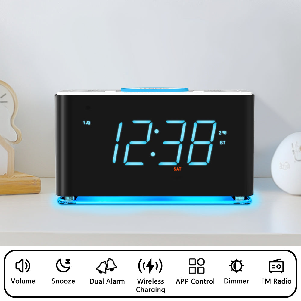 Alarm Clock Radio with 15W Wireless Charger, APP Control, FM Radio, Bluetooth, Two Charging Ports, Dual Alarm, Sleep Timer, Snooze, Auto-Manual Dimmer, Night Light &1.4" Ice Blue LED Display Clock Radio for Bedroom iTOMA 207A