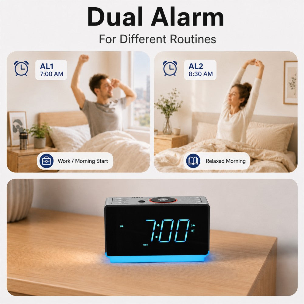 Digital Alarm Clock Radio with Bluetooth Speaker, FM Radio, Dual Alarm with Snooze, Large LED Display, Dimmer Control, Headphone,USB Charging Output and Night Light iTOMA 708