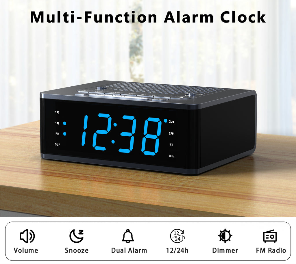 Bedroom Digital Alarm clock with FM radio, Bluetooth, Dimmable LED display screen, sleep timer, adjustable volume, dual alarm clock with on/off button, bedside alarm clock for adults, the elderly and children iTOMA 515