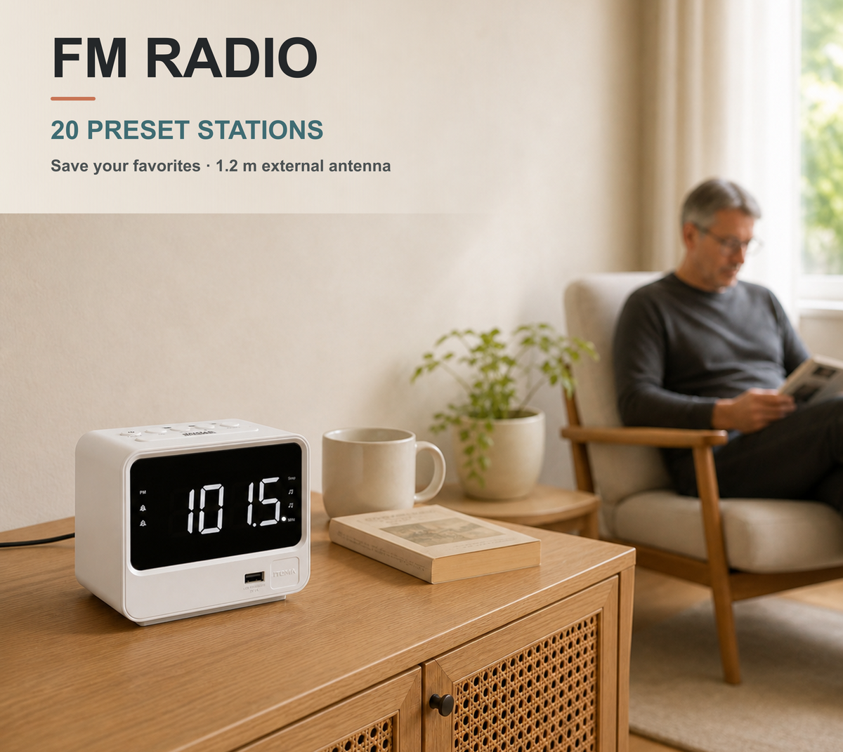Radio despertador para dormitorios con dos puertos de carga USB, números grandes con brillo ajustable, radio FM digital de cabecera con temporizador de apagado, volumen ajustable, función de repetición de alarma para reloj digital LED blanco iTOMA A23