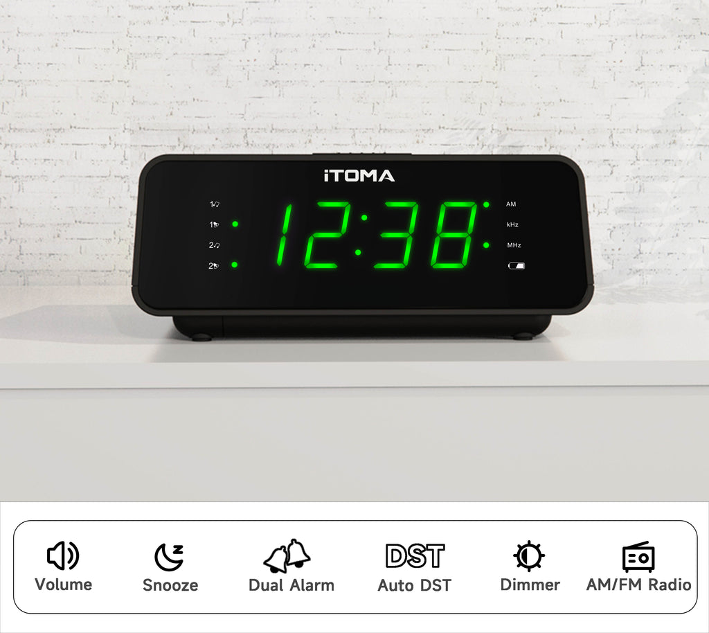 Digital iTOMA Alarm Clock with AM/FM Radio, 4-Level Dimmer, Snooze, Dual Alarms, Sleep Timer and Easy to Read 0.9" LED Jade Green Display 2100