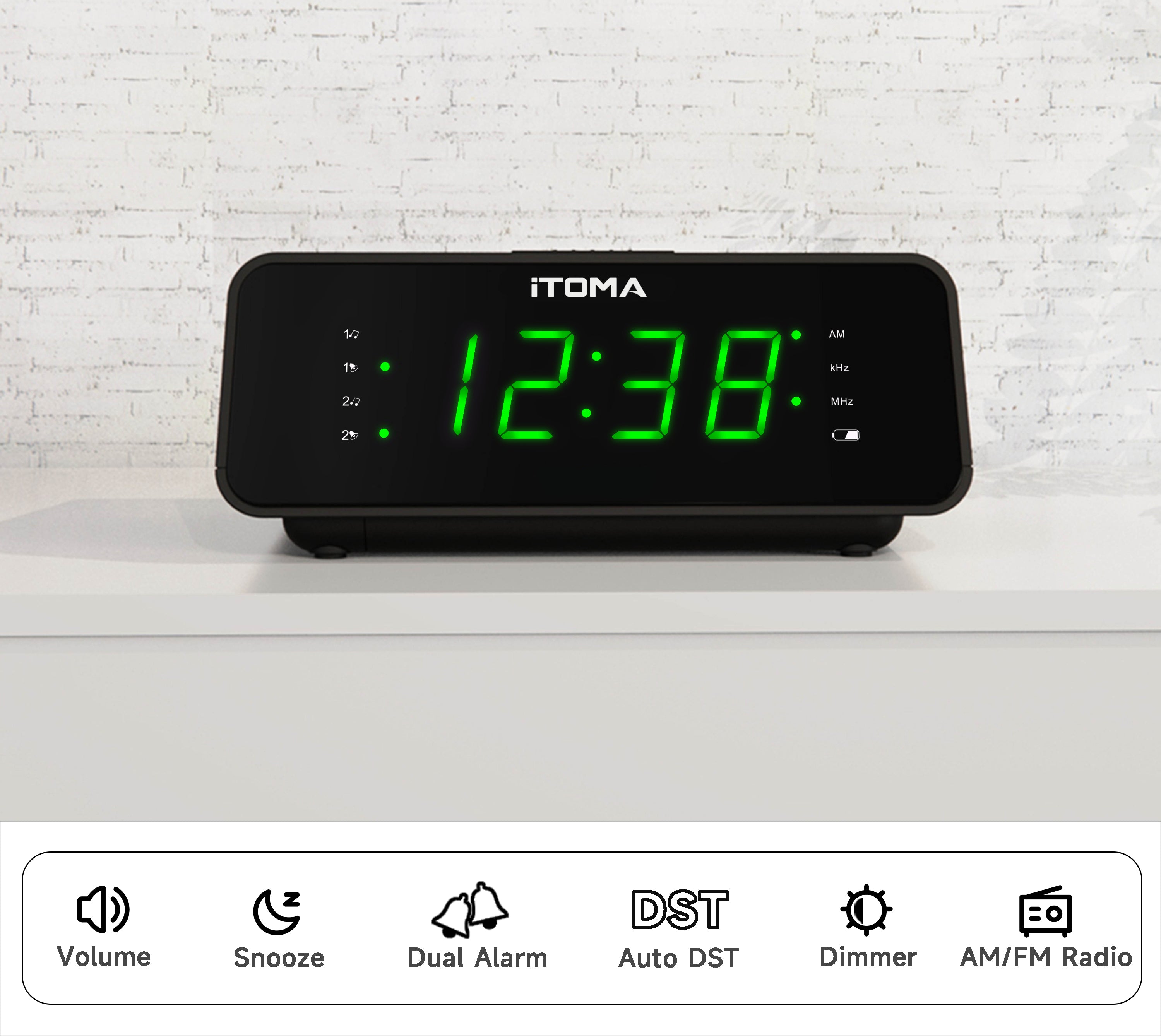 Digital iTOMA Alarm Clock with AM/FM Radio, 4-Level Dimmer, Snooze, Dual Alarms, Sleep Timer and Easy to Read 0.9" LED Jade Green Display 2100