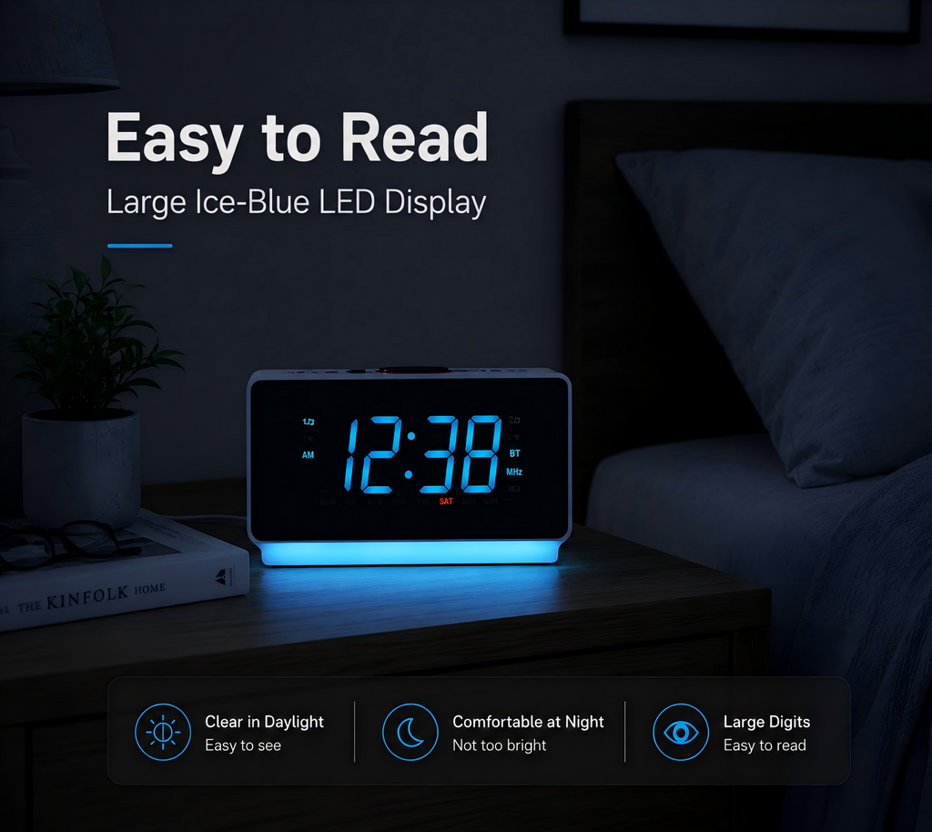 iTOMA Alarm Clock Radio Bluetooth Speaker, Dual Alarm, FM Radio LED Display
