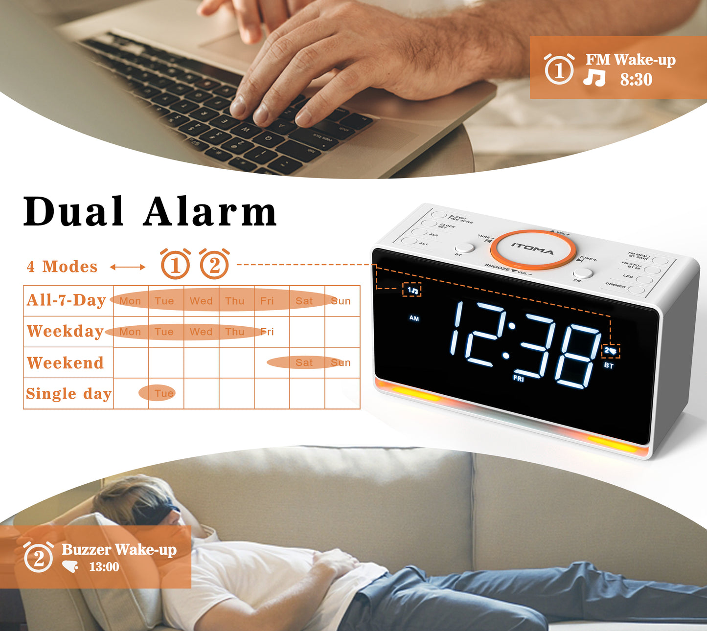 Alarm Clock Radio, 1.4" White LED Display Clock with Bluetooth, FM Radio, Dual Alarm, Sleep Timer, Snooze, Auto & Manual Dimmer, USB Charger and Night Light iTOMA 718