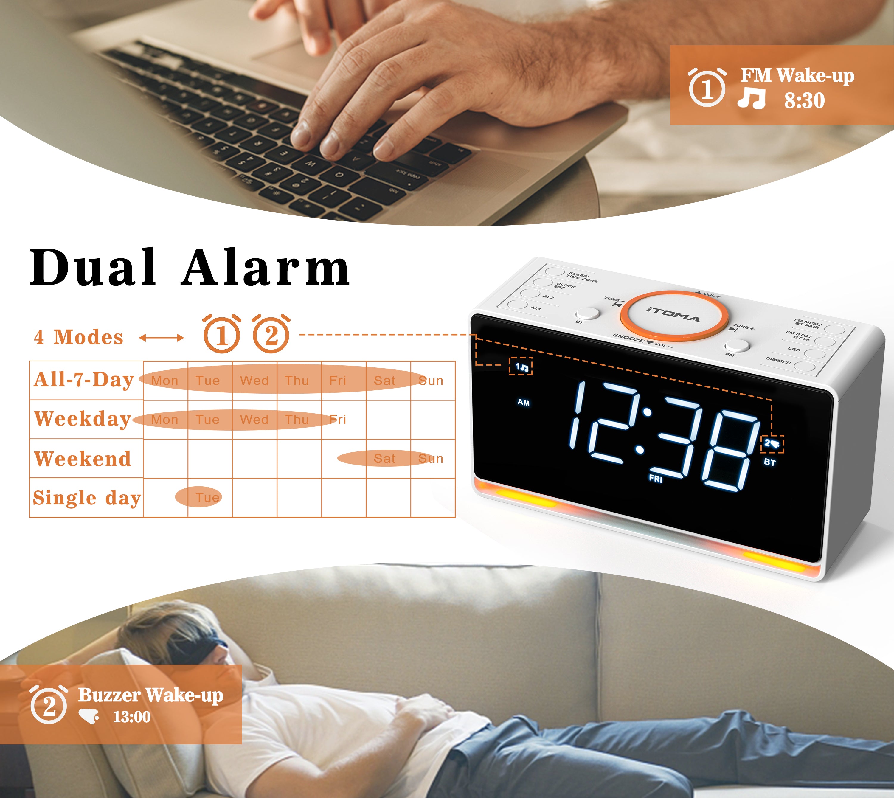 Digital Alarm Clock Radio, 1.4" White LED Display Clock with Bluetooth, FM Radio, Dual Alarm, Sleep Timer, Snooze, Auto & Manual Dimmer, USB Charger and Night Light iTOMA 718