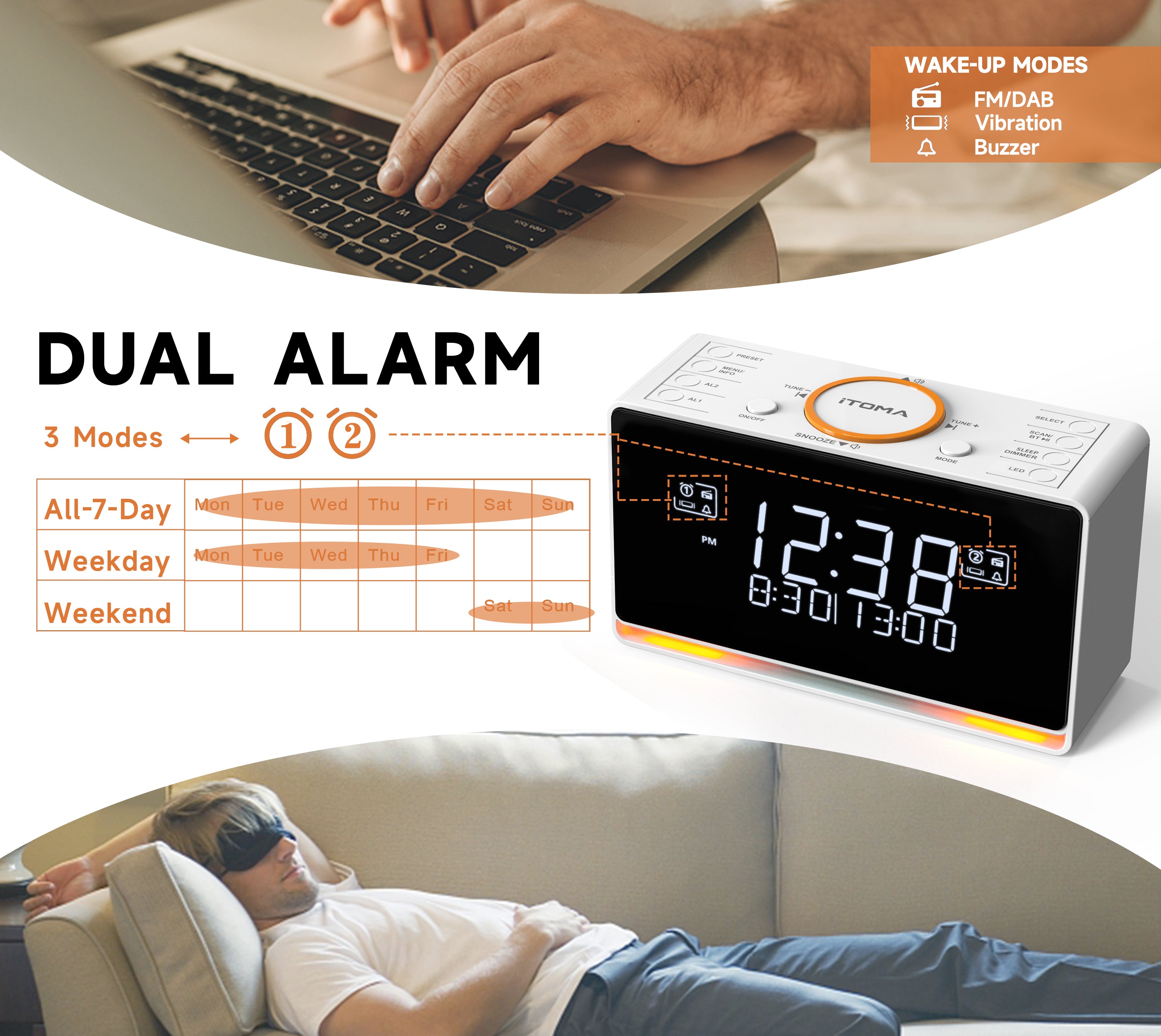 ITOMA Sveglia Da Comodino Con DAB/FM, Bluetooth, Doppia Sveglia, Luce Notturna Arancione, Porte USB-C E USB, Dimmer 5 Livelli