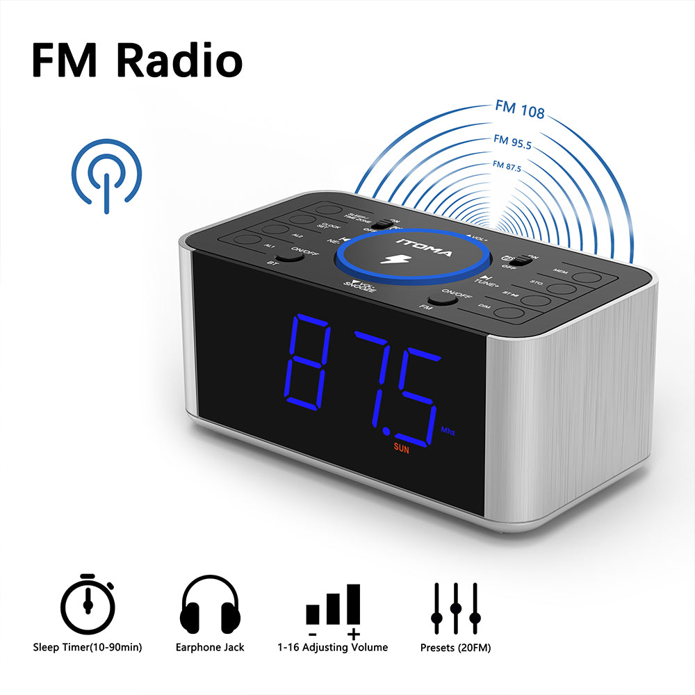 Alarm Clock Radio with 5W Wireless Charging, Snooze,Bluetooth, Dual Alarm, 1.4'' LED Display, Dimmer, USB Charging Clock for Bedside iTOMA 206S