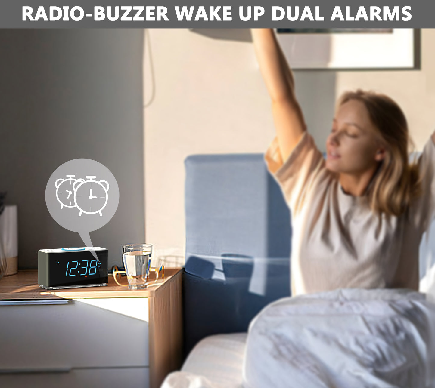 APP Control, Alarm Clock Radio with 15W Wireless Charger, FM Radio, Bluetooth, Two Charging Ports, Dual Alarm, Sleep Timer, Snooze, Auto-Manual Dimmer, Night Light &1.4" Ice Blue LED Display Clock Radio for Bedroom iTOMA 207A