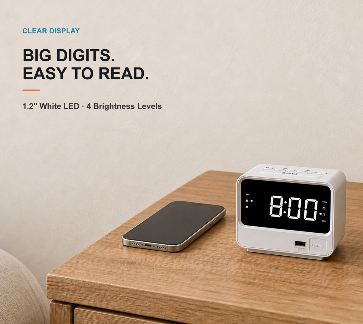 Radio despertador para dormitorios con dos puertos de carga USB, números grandes con brillo ajustable, radio FM digital de cabecera con temporizador de apagado, volumen ajustable, función de repetición de alarma para reloj digital LED blanco iTOMA A23