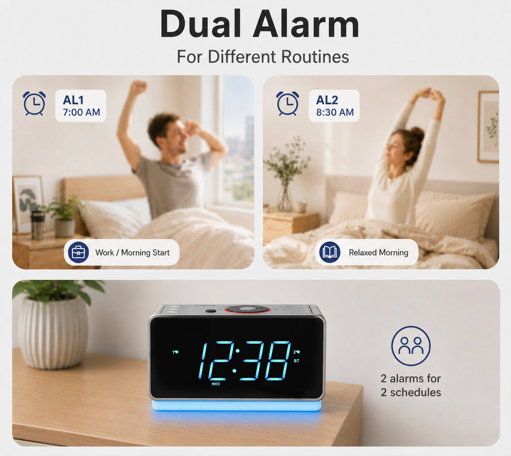 iTOMA Alarm Clock Radio Bluetooth Speaker, Dual Alarm, FM Radio LED Display