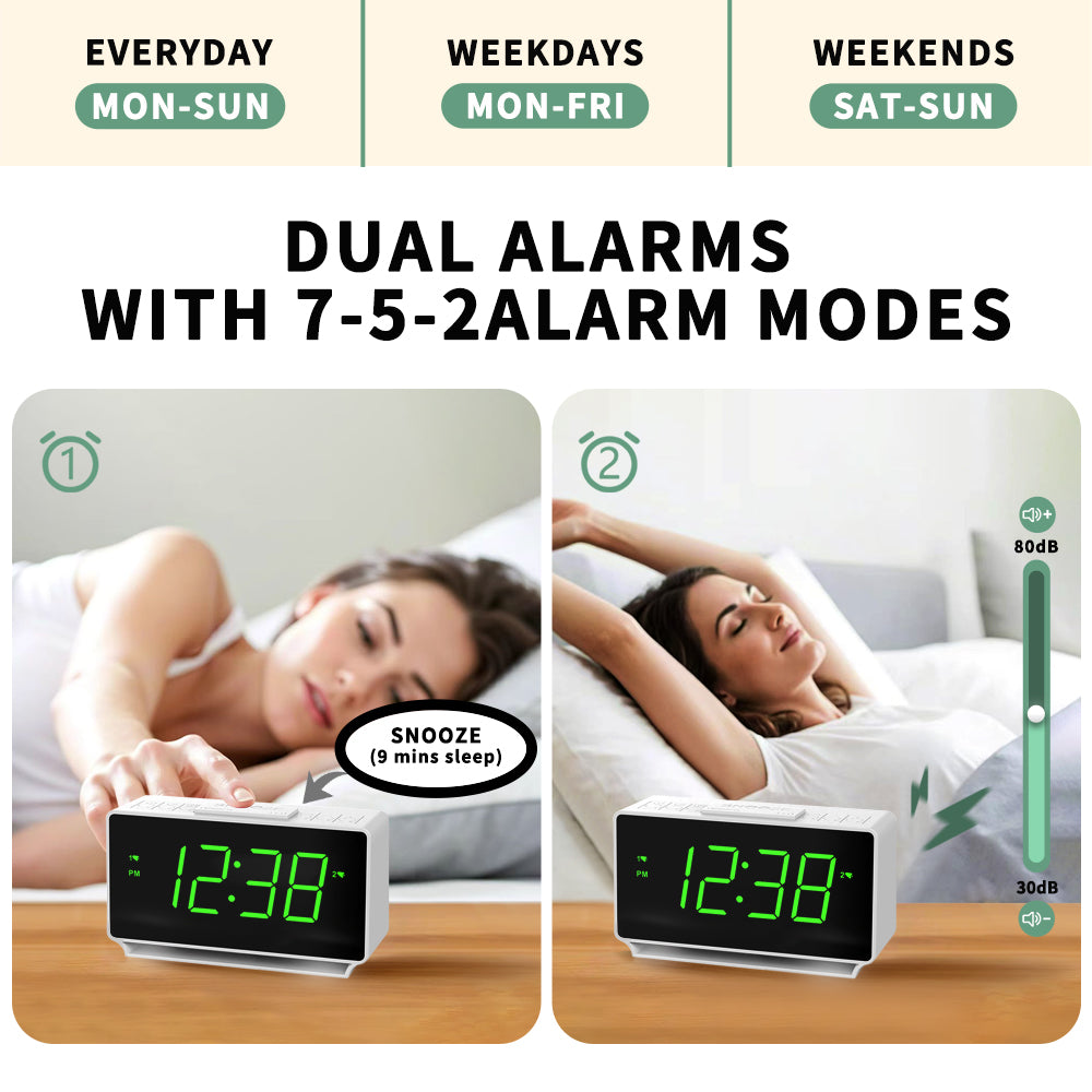 Alarm Clock, Dual Alarms with Temperature Display, Snooze,12/24Hr, Night Light and Adjustable Volume, Dimmable, Battery Backup, Portable Small LED Clocks for Bedroom iTOMA222