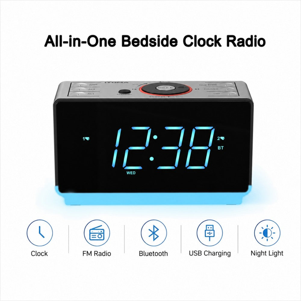 Radiowecker mit Bluetooth-Lautsprecher, UKW-Radio, Doppelalarm mit Schlummerfunktion, großem LED-Display, Dimmersteuerung, USB-Ladeausgang und Nachtlicht iTOMA CKS708 