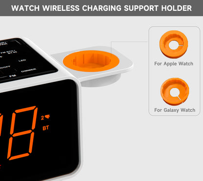App Control Dual Wireless Charging Alarm Clock Radio with Bluetooth Speaker, FM Radio, Two USB Port, Dual Alarm, Snooze, Night Light, Auto & Manual Dimmer Control and 1.4" Orange Display iTOMA 209