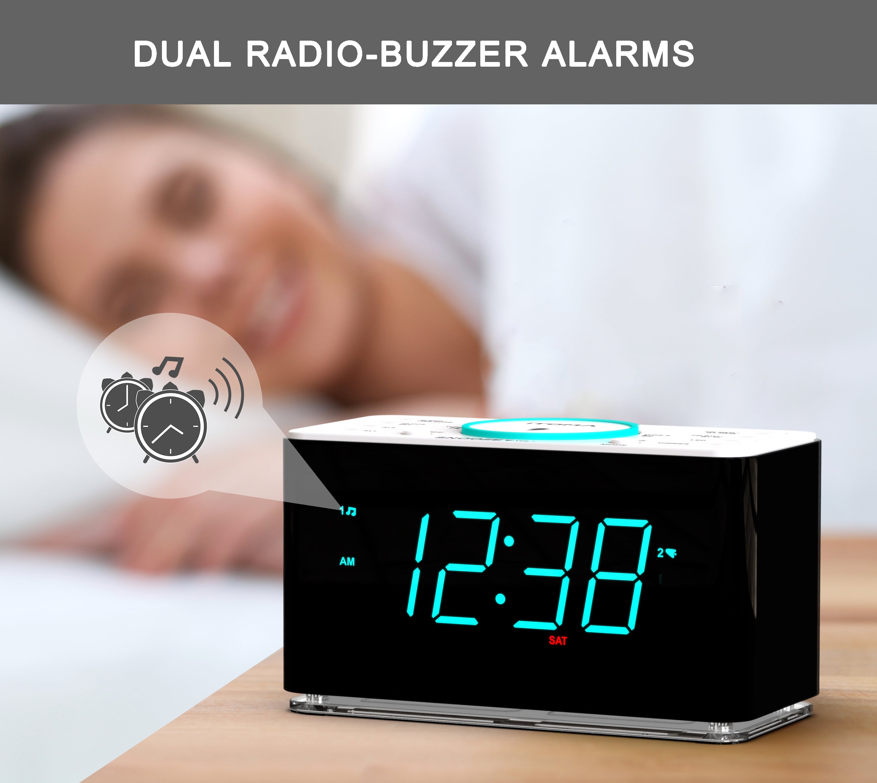 Bedside Alarm Clock Radio, 15 W Ultra Fast Wireless Phone Charger with wireless conncetion, USB Charging Port, Dual Alarm, Sleep Timer, Snooze, Dimmer, FM Radio,Cyan LED Night Light &1.4" Display iTOMA 207S